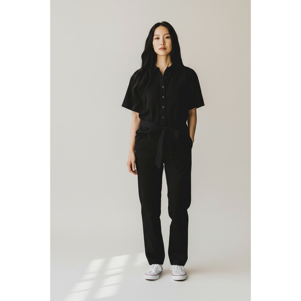 Tradlands Finn Jumpsuit sz S Black Tencel Linen Utility Tie Waist minimalist